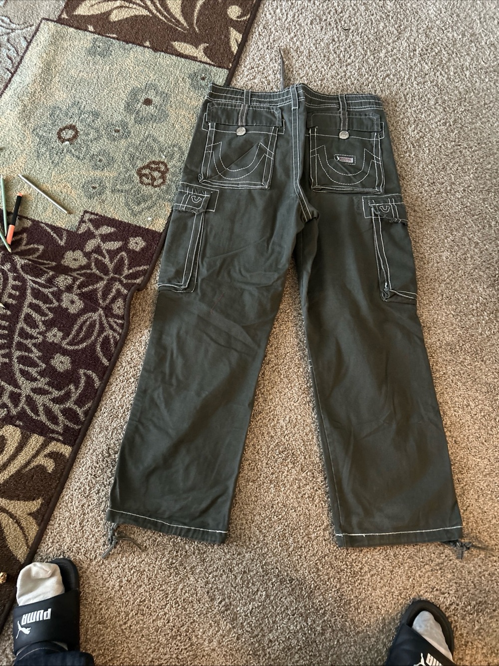 True Religion Olive Green Carpenter Pants with Contrast Stitching